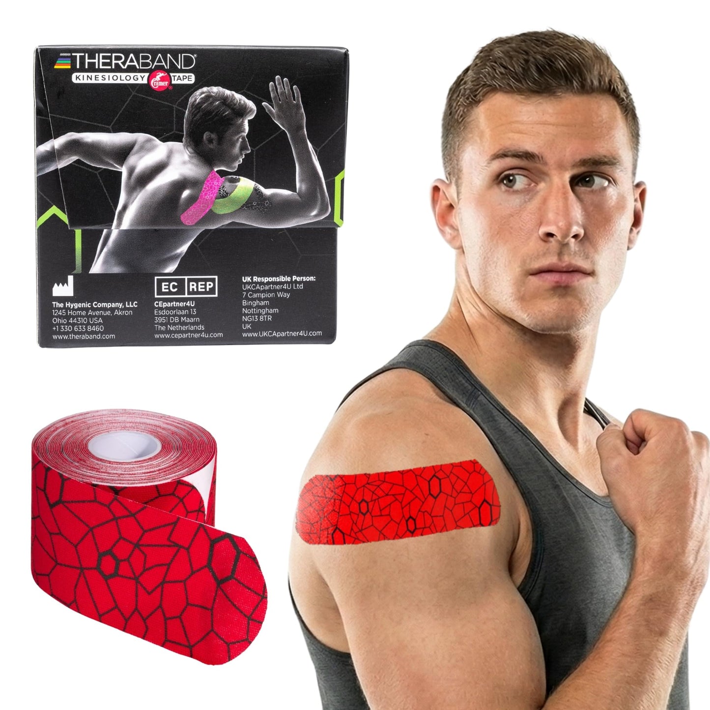 THERABAND Kinesiology Tape, Waterproof Physio Tape for Muscle & Joint Support, Standard Roll with XactStretch Application Indicators, 2" X 10" Strips, 20 Precut Strips, Hot Red/Black