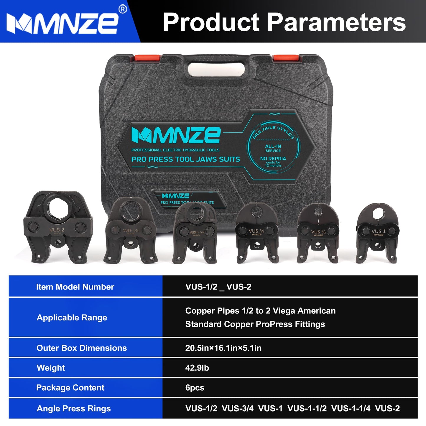 MMNZE 6 PCS Standard ProPress Jaws Kit, 1/2", 3/4", 1",1-1/2", 1-1/4", 2", Pro Press Jaws, Compatible with Standard ProPress Tools