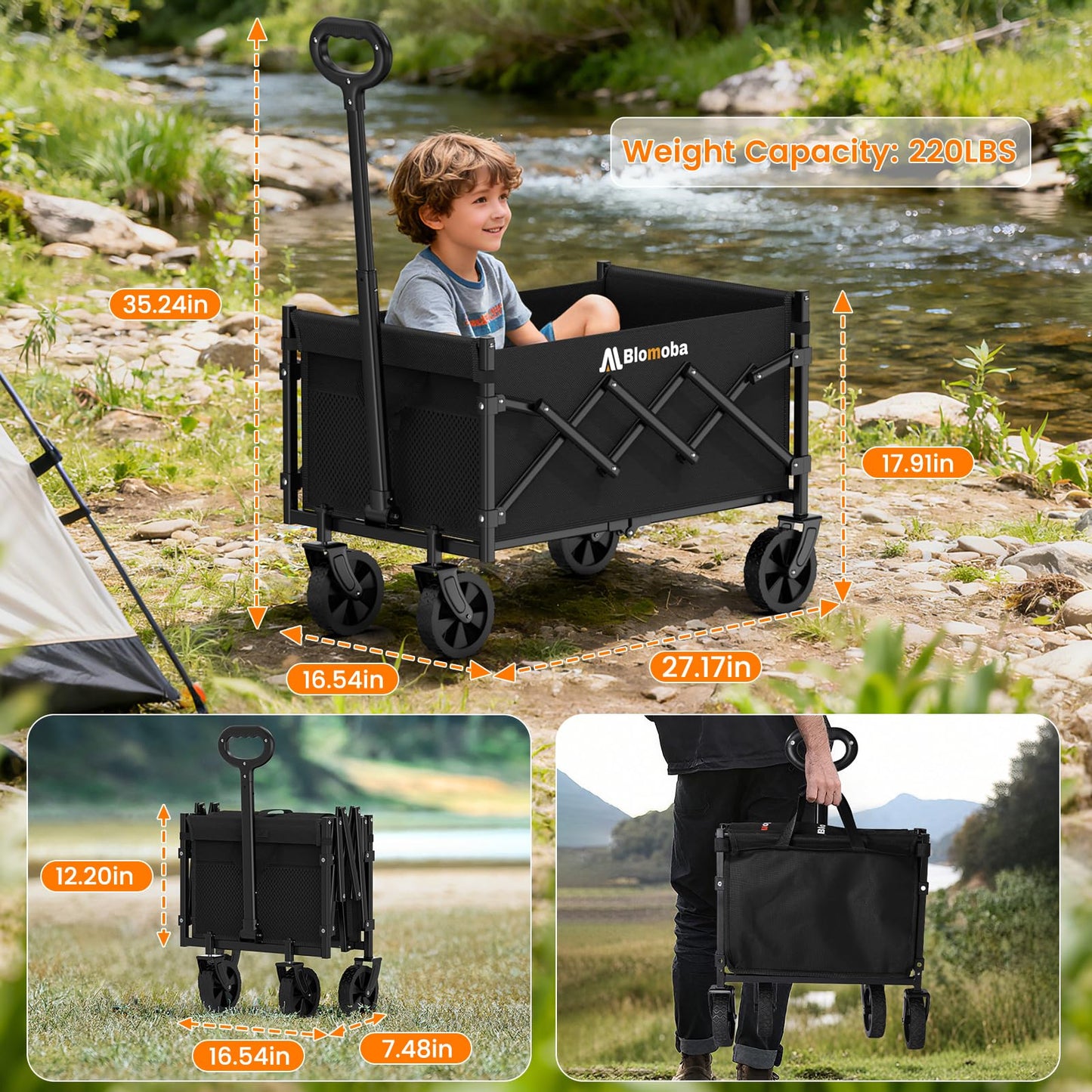 Collapsible Wagon with Wheels, 220 lbs Wagons Carts Foldable Wagon Cart with Flexible Handle, Lightweight Portable Folding Utility Grocery Shopping Cart for Grocery Sports Garden Camping