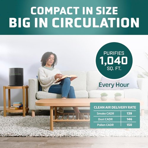 GermGuardian Airsafe+ HEPA Air Purifier - Large Room Coverage Up To 1043 Sq. Ft. | UV-C Light & Air Quality Sensor, Black