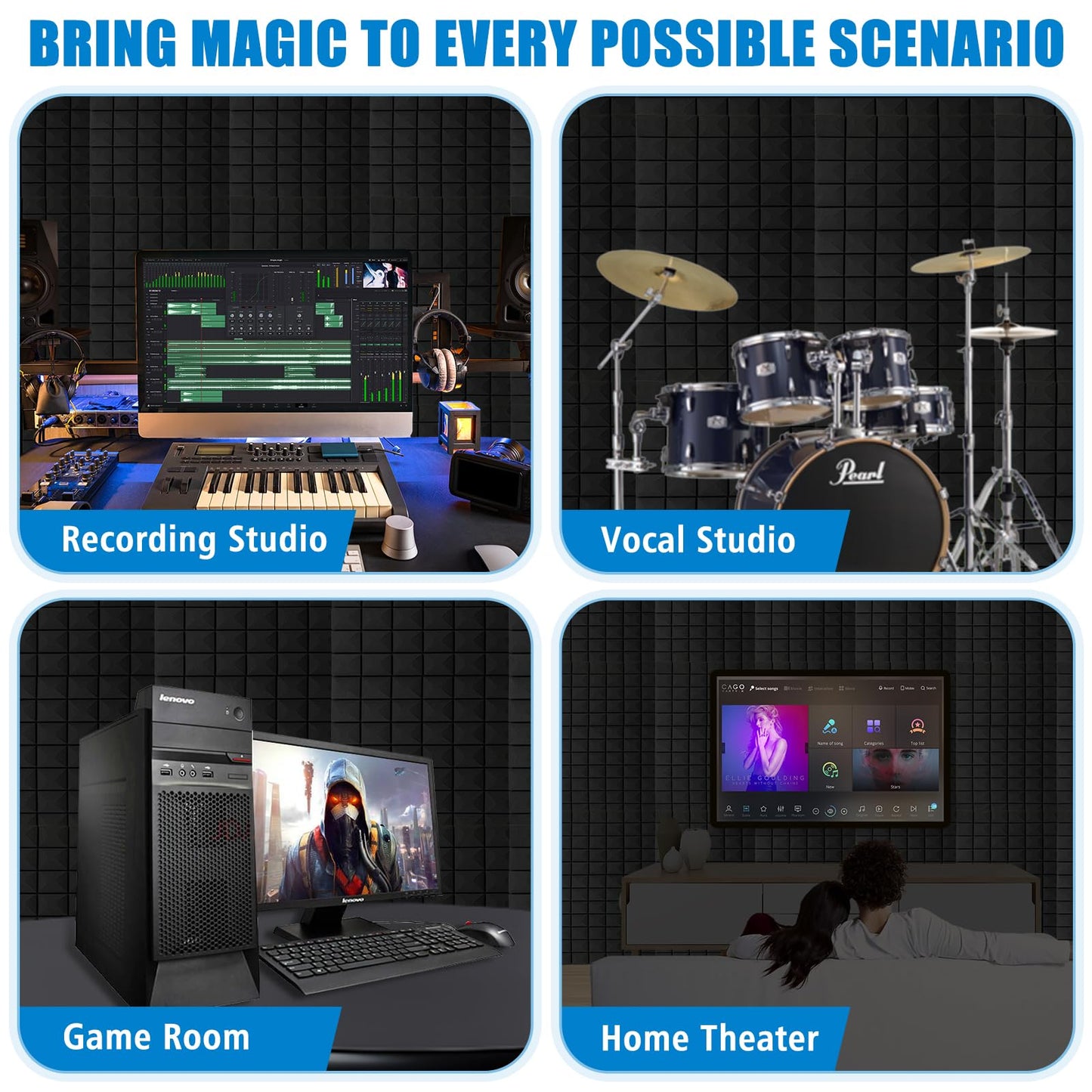 4 Pack Acoustic Panels, 48 x 24 x 2" Sound Proof Foam High Density Studio Wedge Tiles Fire Resistant Acoustic Panels for Home Office, Echo Reduction, Studio,Noise Dampening (Black-4 Pack)