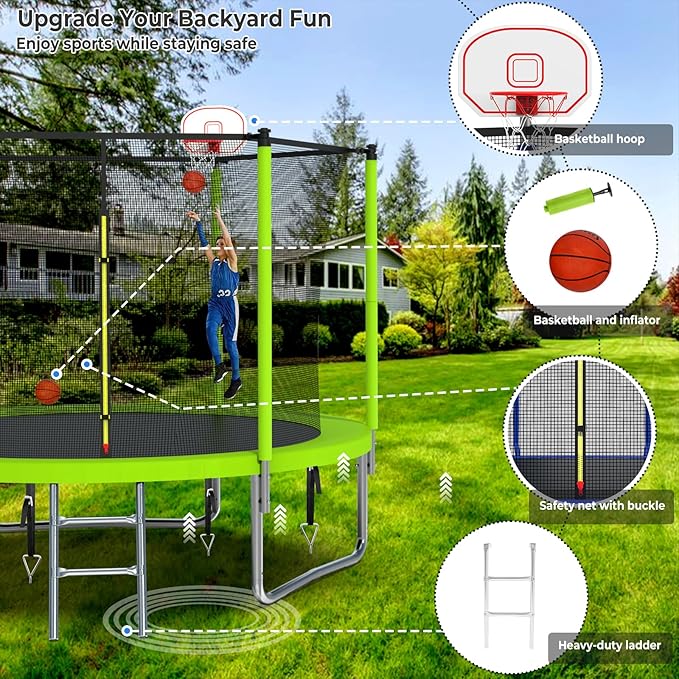 Upgraded 10/12/14/15/16FT Trampoline Outdoor, Large Kids Trampoline with Light, Stakes, Sprinkler, Backyard Trampoline with Basketball Hoop and Net, Capacity for 4-6 Kids and Adults
