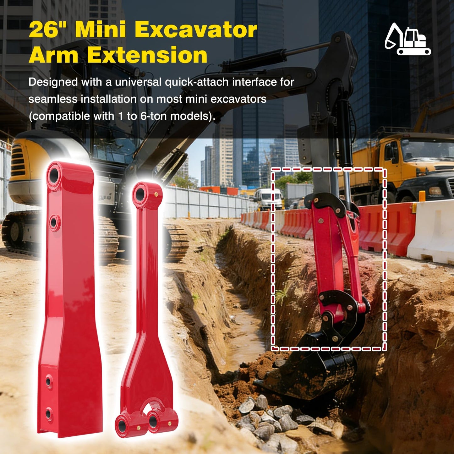 26" Mini Excavator Arm Extension - Heavy-Duty Steel Quick Attach Boom, Fits 1-6 Ton Machines, Extended Reach for Ditch Digging & Trenching, Mini Excavator Accessories