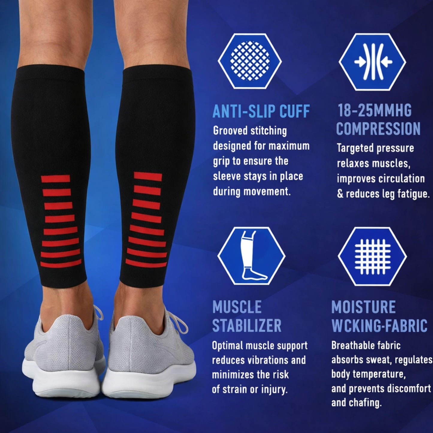 Fittest Pro Leg Compression Sleeve, Calf Support Sleeves Legs Pain Relief for Men and Women, Comfortable and Secure Footless Socks for Fitness, Running, and Shin Splints – Black, Medium (One Pair)