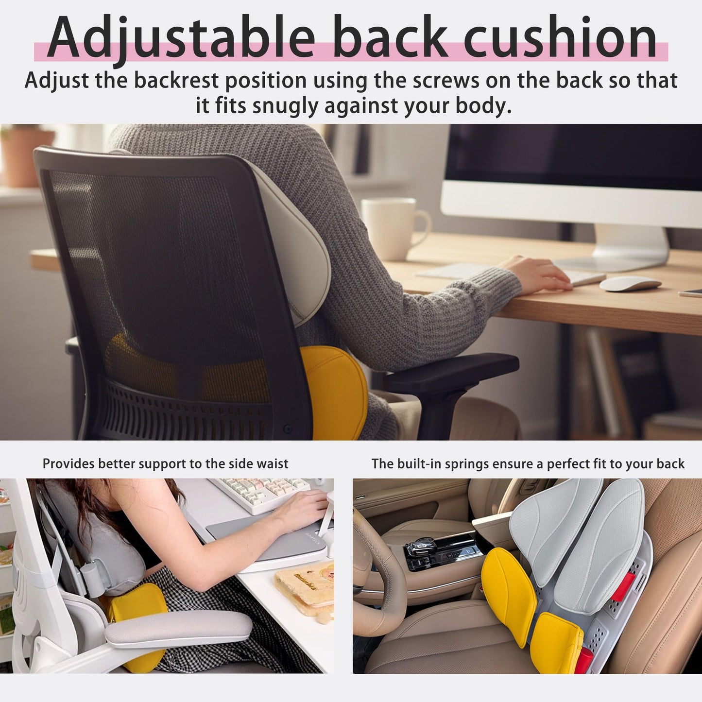 Rechteckig Lumbar Support Pillow for Office Chair, Office Home Must Haves, Back Support for Car, Back Cushion, Back Support Pillow for Chair, Height Adjustable, Dynamic Tracking of Back Movement