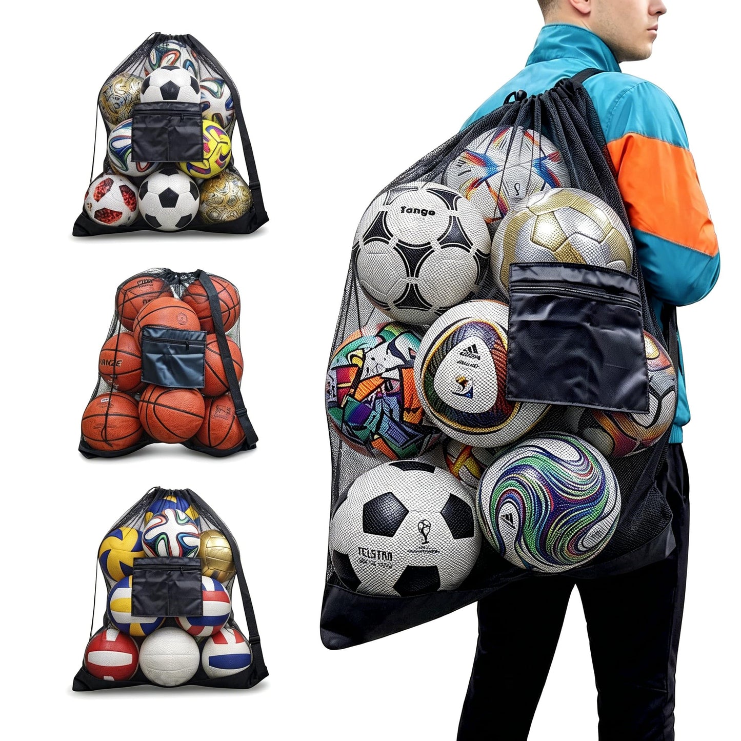 Tavirela Extra Large Mesh Ball Bag with Pocket, Holds 13 Soccer Balls, 10 Basketballs, Heavy Duty Drawstring Net Bag, Team Coaches Sports Equipment Storage Duffle Sack for Volleyball, Swimming Gear