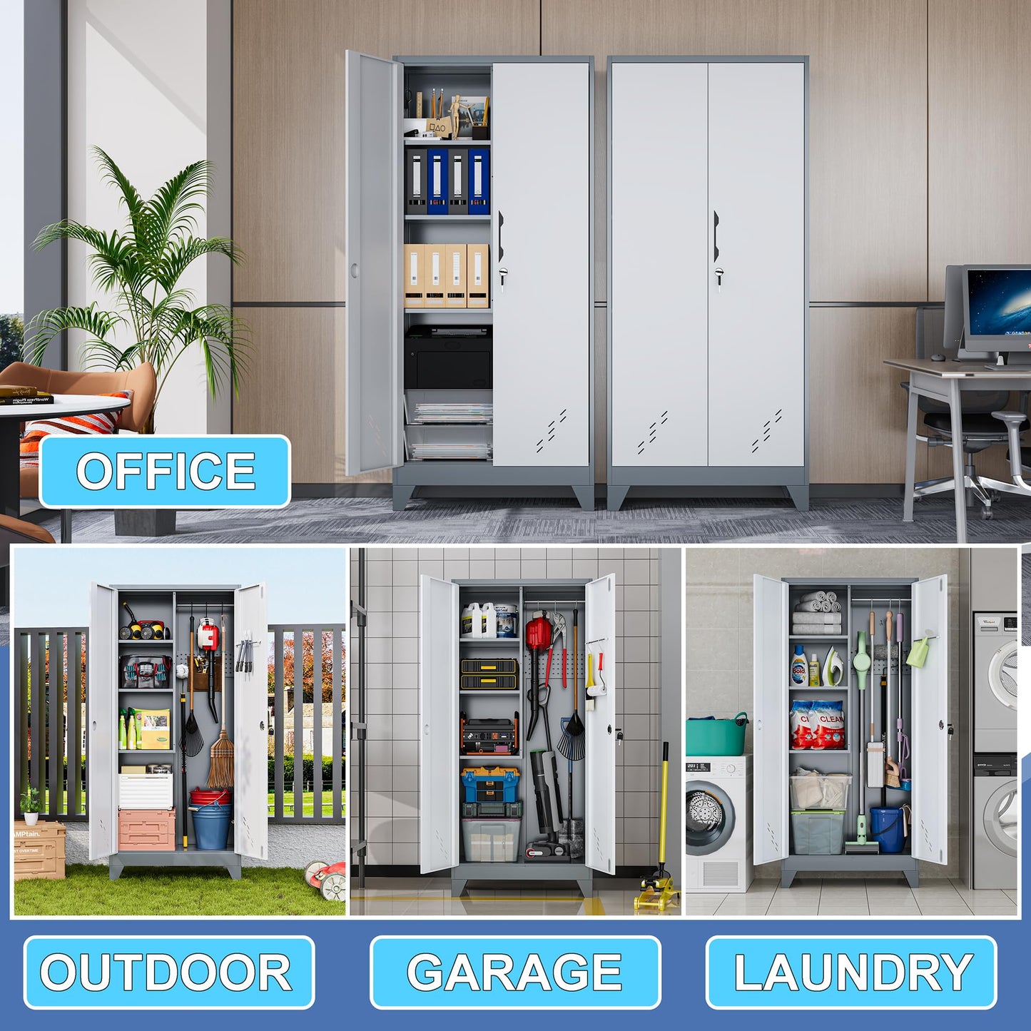 LyAosdFu 61" Metal Storage Cabinet with Lockable Doors, Cleaning Supply Cabinet with Pegboard and Hanging Rod. Garage Tool Storage Cabinets for Home, Laundry, Office, Home Kitchen Utility Cabinet