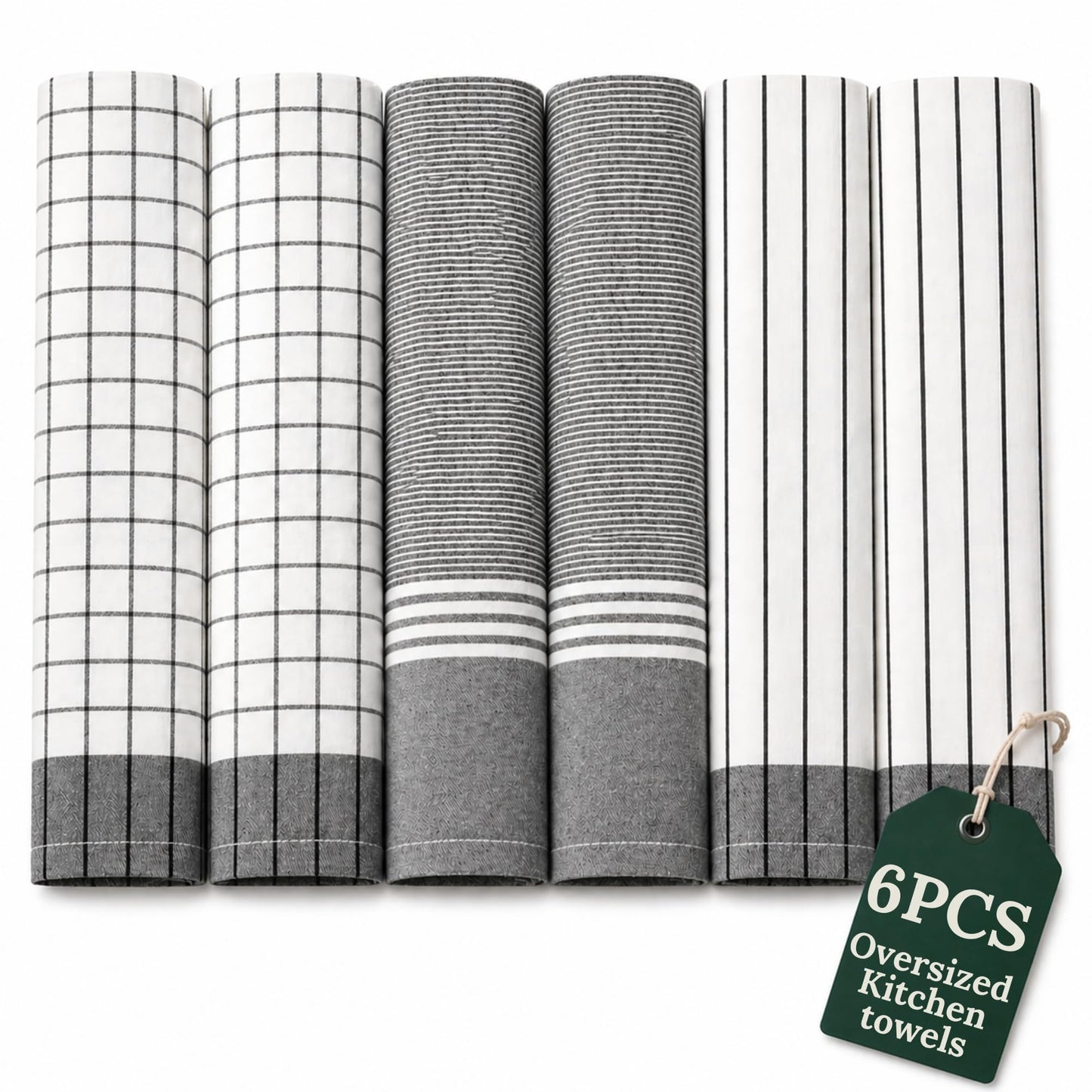 CLOUDSCAPE Kitchen Towels, Set of 6, Premium Cotton Dish Towels for Kitchen, 18" x 28" Oversized Hand Towel, Quick Absorbent & Drying Tea Towel with Hanging Loop - Grey