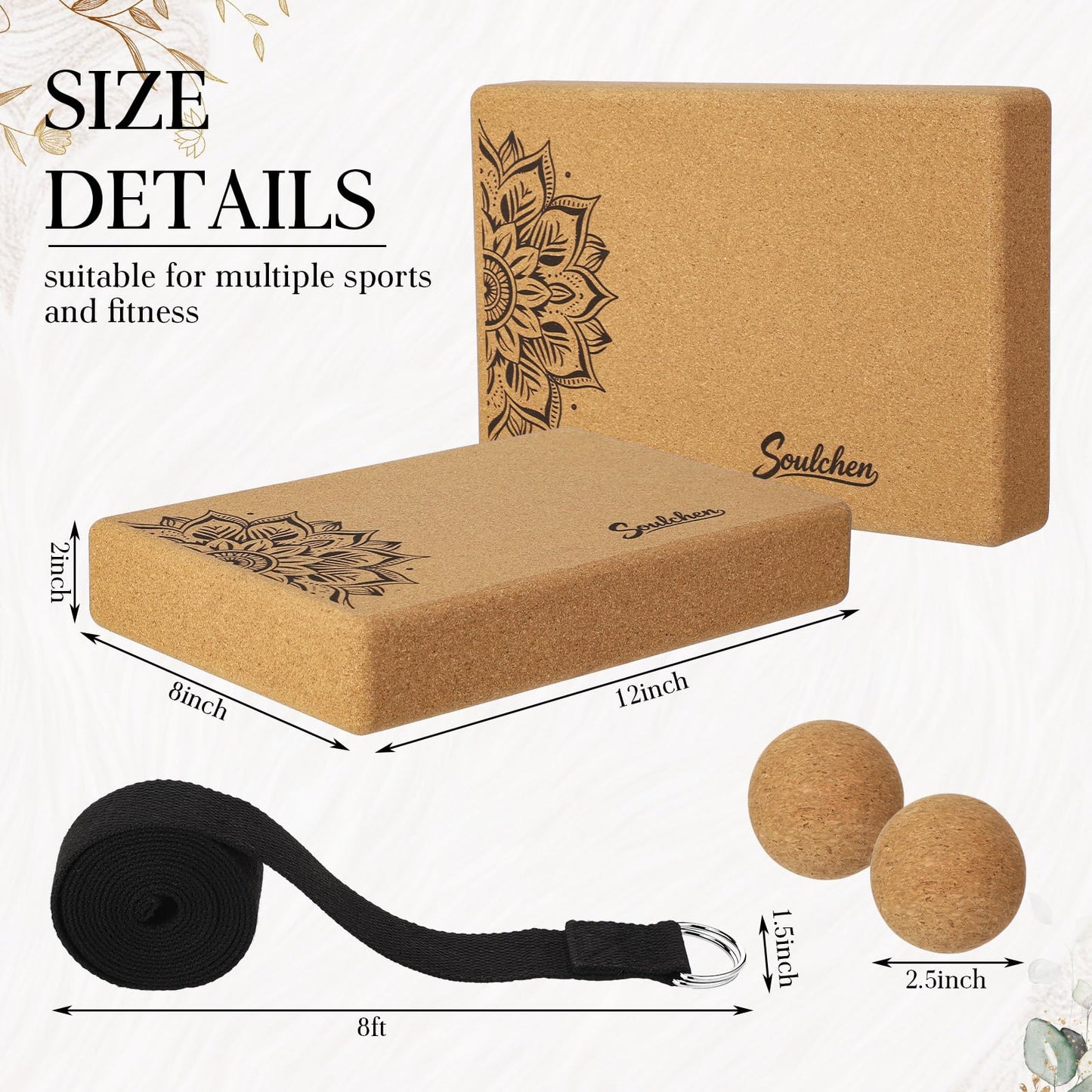Soulchen 5 Pack Yoga Accessories for Women Set Yoga Block 2 Pack with Strap Massage Ball for Meditation Pilates Cork Blocks Stretching Home Gym Natural High-Density, 12"x8"x2"