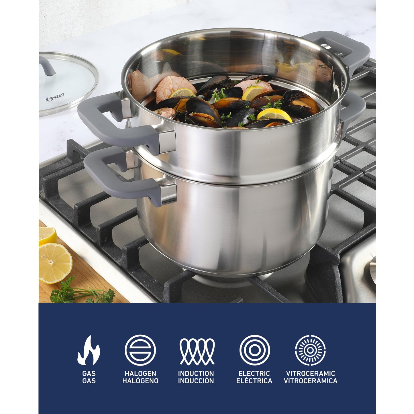 Oster Beauford 9-Piece Stainless Steel 5-Ply Encapsulated Base Cookware Set – Non-Toxic, Induction Compatible Pots and Pans with Stay-Cool Handles – Dishwasher Safe