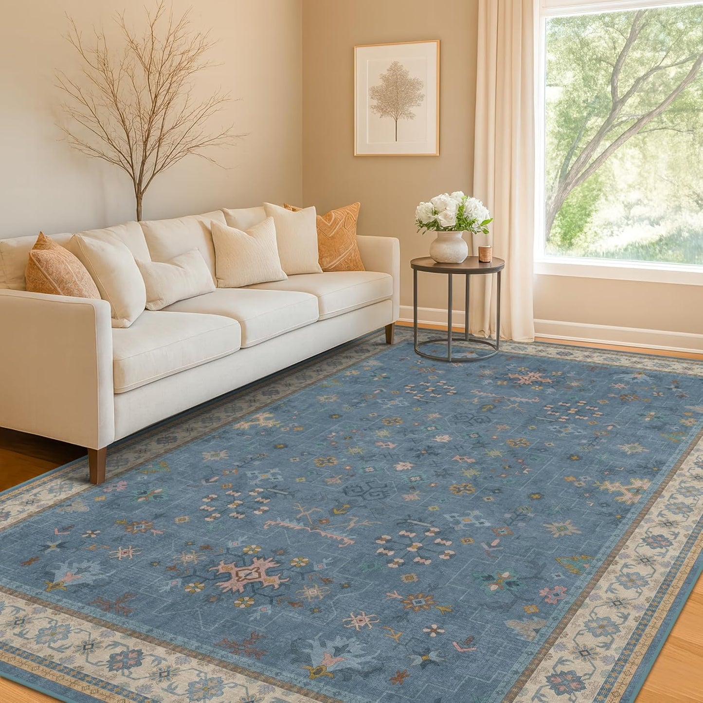 Skiennix Washable 5x7 Blue Kids Room Rug - Colorful Boho Low-Pile Carpet with Non-Slip Back