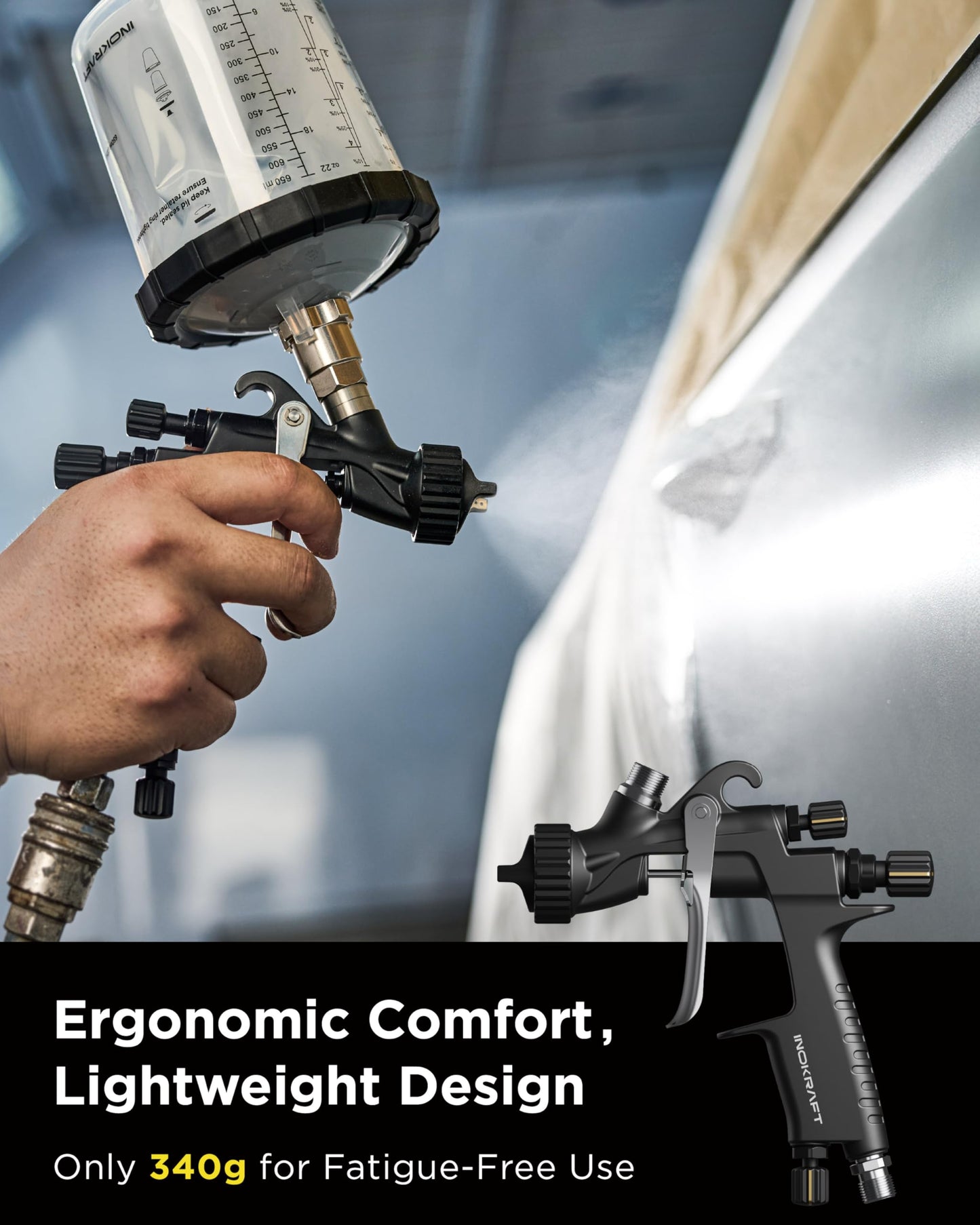 InoKraft Drizzle Pro LVLP Spray Gun, Precise Low-Overspray Performance with Ultra-Light 340g Design. Includes 1.3B/1.3C Nozzles and Accessories, Ideal for Automotive and Industrial Coatings