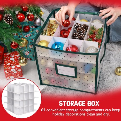 BINSUNS Christmas Ornament Storage Box - Organizer Bag with Dividers for 64 Ornaments | Green