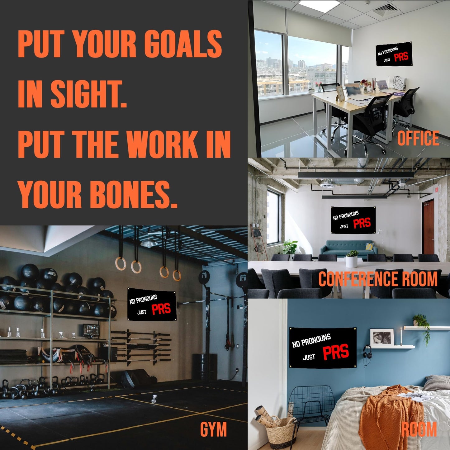Eudaedom Gym Banner 5x3 FT - JUST PRS Easy to Hang Inspirational Workout Tapestry, Motivational Wall Decor Flag for Home Gym Garage Office Dorm Room, Durable & Fade-Resistant
