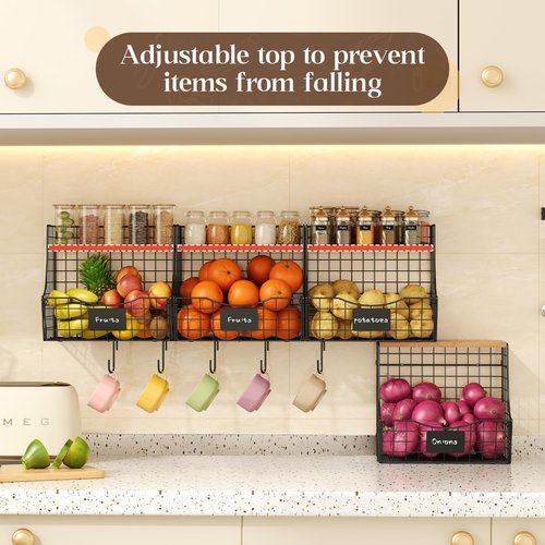 4 Pack Fruit Basket for Kitchen with Lid, Counter&Wall Mounted Hanging Fruit Basket, Potato and Onion Storage, Metal Wire Fruit and Vegetable Storage, Snack Organizer 11.81 * 8.66 * 10.63in