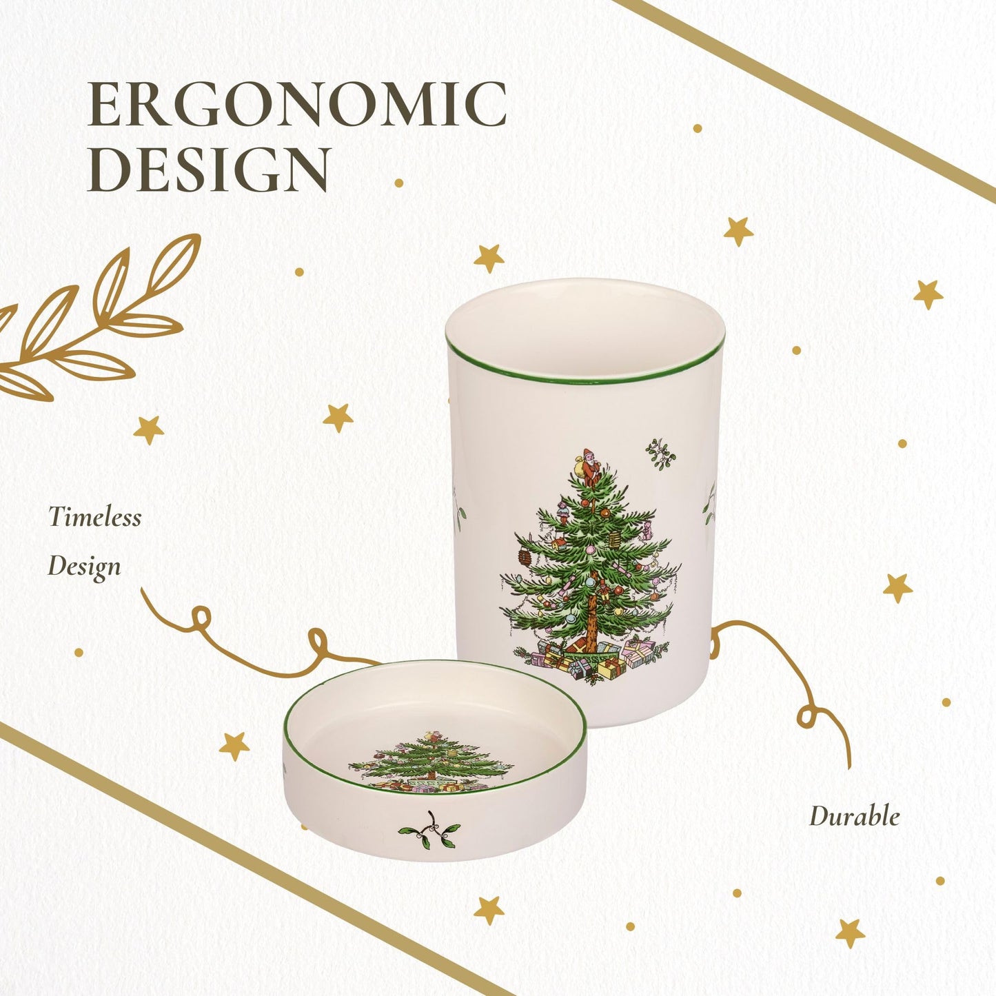 Spode Christmas Tree Wine Chiller & Coaster Set, Dishwasher, Microwave & Freezer Safe - Stoneware Wine Cooler with Festive Coaster - Hostess Gift for Holiday Entertaining