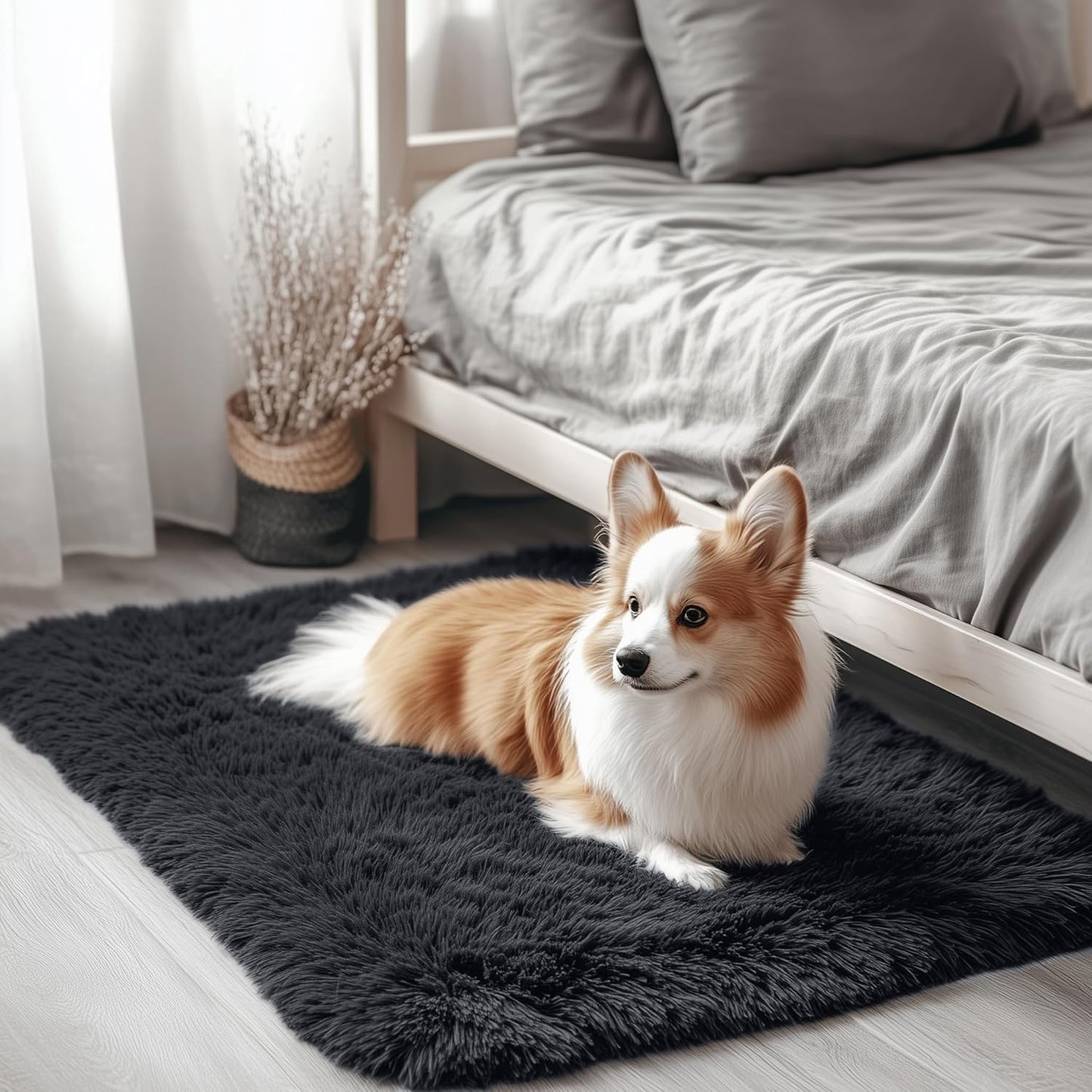 OLANLY Soft Fluffy Shaggy Bedside Rug - Machine Washable 3x3 ft | Ideal for Bedroom & Nursery Decor - Black