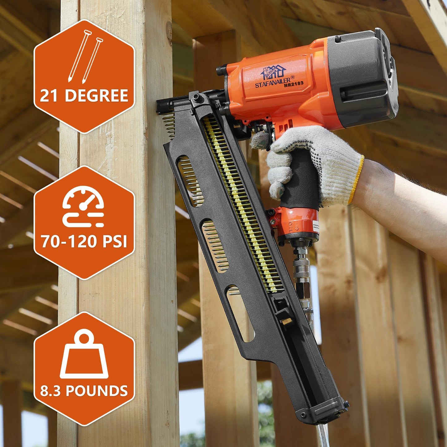 Stafanailer NR2183 High Speed Framing Nailer with Aluminum Magazine, 21 Degree Pneumatic Framing nail gun, 2-Inch up to 3-1/4-Inch Collated Full Head Framing Nails, Framing, Wooden House Building