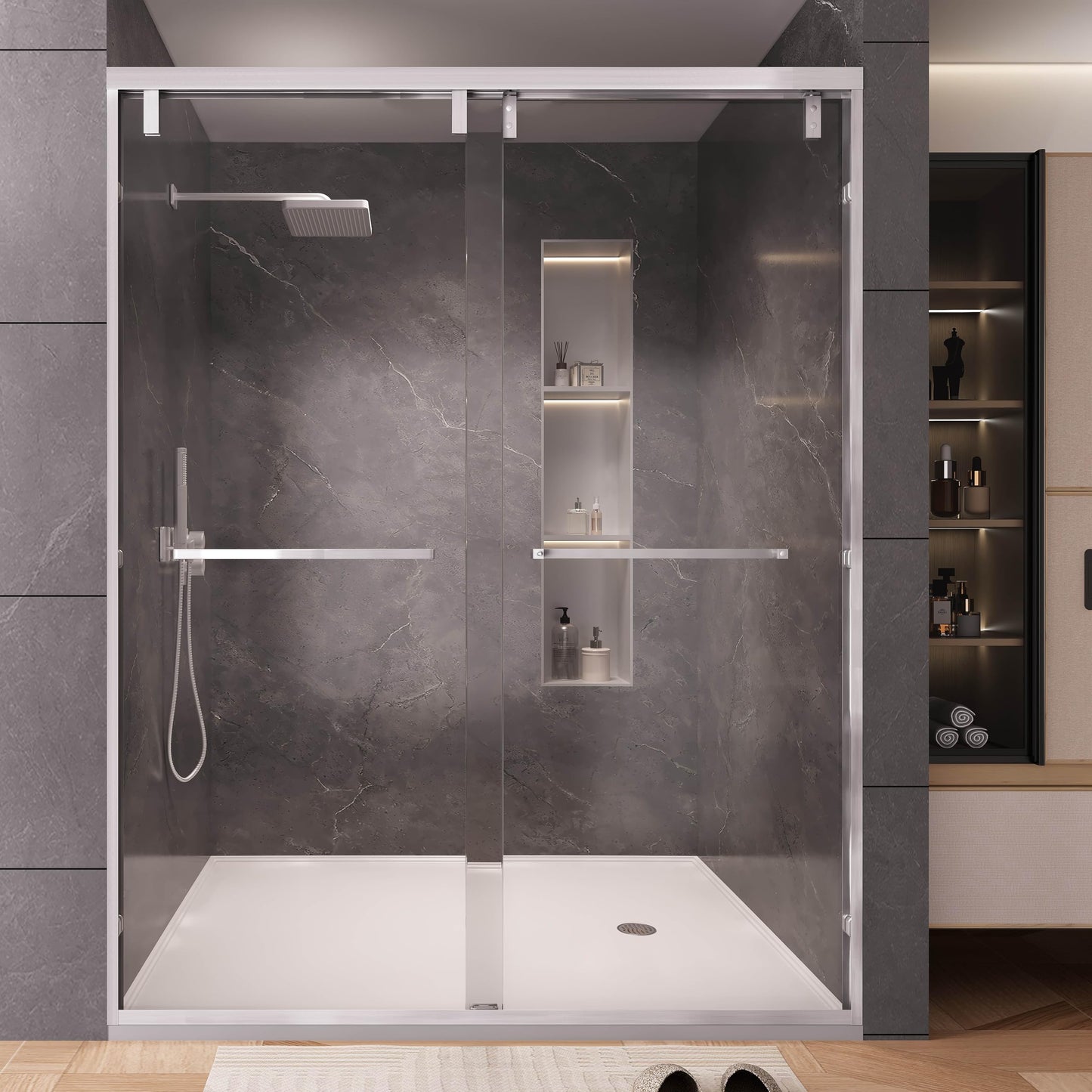 Dyvalis 49-54" W x 76" H Semi-Frameless Double Sliding Shower Door, 1/4" (6mm) SGCC Tempered Clear Glass with Easy-Clean Coating, Bypass Glass Shower Doors, Brushed Nickel