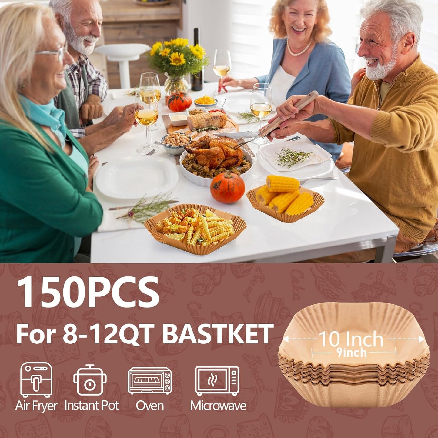 UBeesize XL 10-Inch Air Fryer Paper Liners - 150 PCS Non-Stick Disposable Parchment Sheets | 9-Inch Bottom Size
