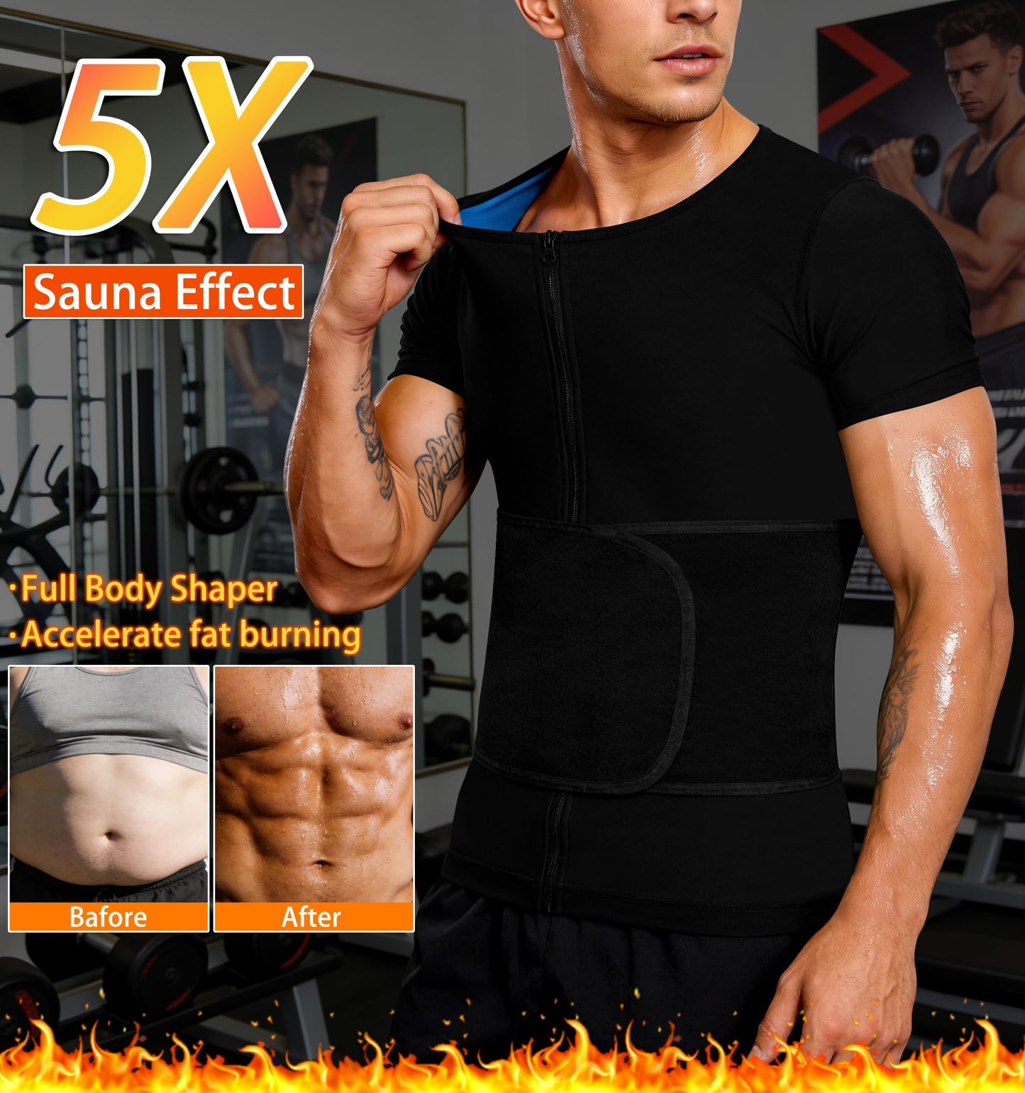 DYUAI Sauna Shirt for Men Sweat Suit Heat Trapping Short Sleeve Workout Shapewear,Adjustable Waist Belt,Breathable Armpit(6020-01-XL)