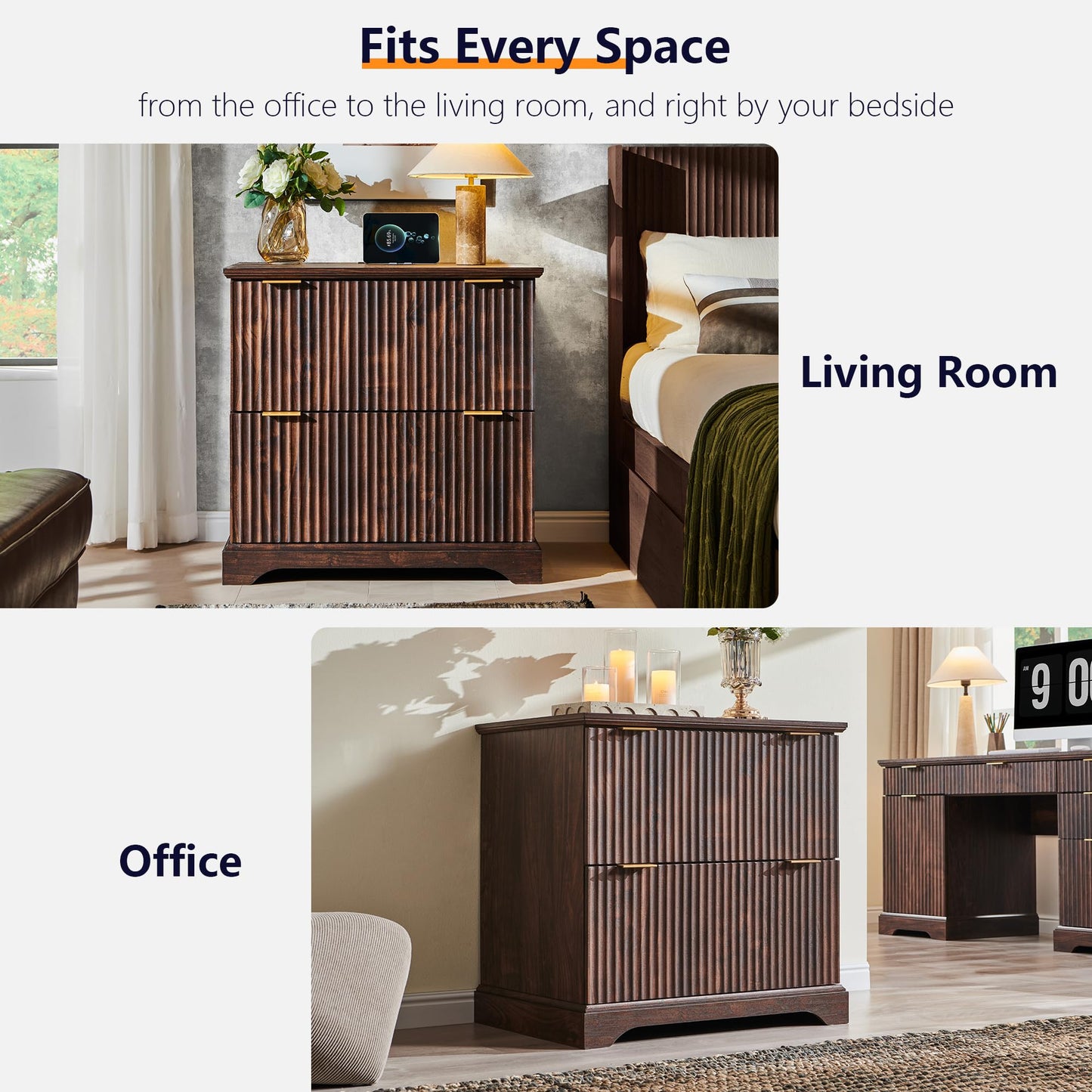 JXQTLINGMU 2 Drawer File Cabinet with Charging Station, 30" Fluted Lateral File Cabinet w/Files Hanging Rod for Letter/Legal/A4, Large Tabletop for Printer, Office Wood Printer Cabinets, Dark Walnut