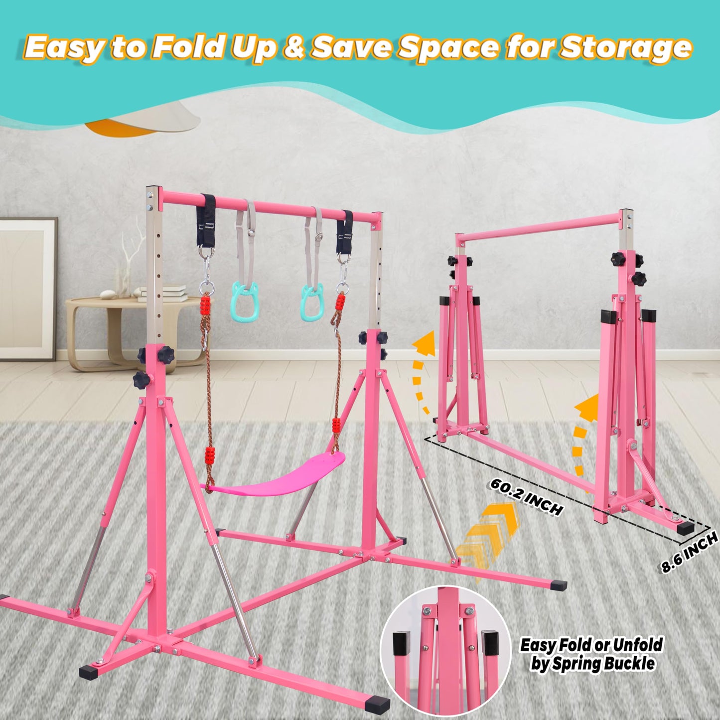 FC FUNCHEER Foldable Gymnastics Bar,5FT Horizontal bar,Adjustable Kids Training bar for Kids Ages 3-15,Kids Gymnastics bar,Triangle Stable Structure-Gym Equipment for Home