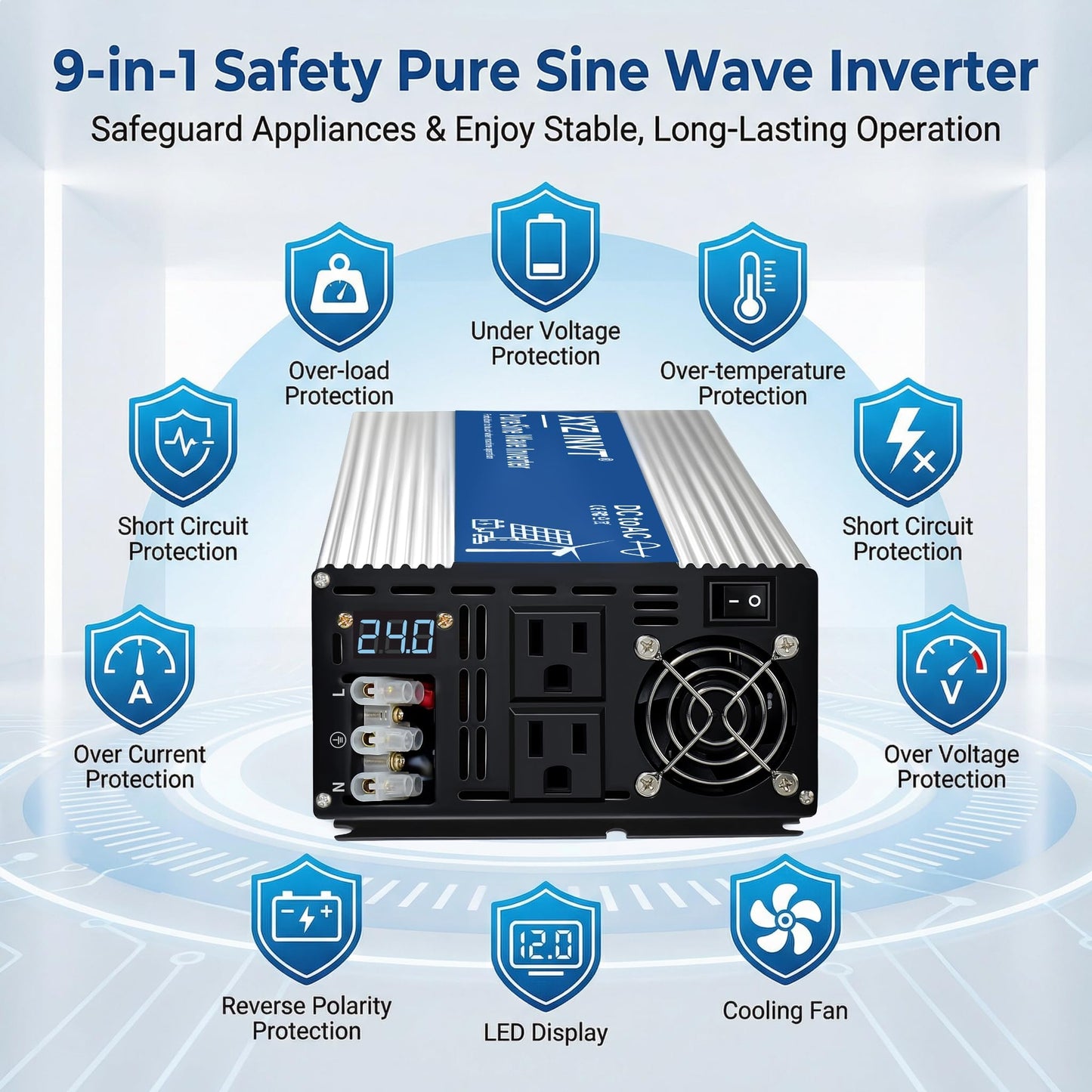 XYZ INVT 3000W Pure Sine Wave Inverter DC 12V to AC 110V 120V Power Inverter with Dual AC Outlets & Hardwire Terminal & LED Display for Solar,Home Backup Power,Outdoor Over 90% Efficiency