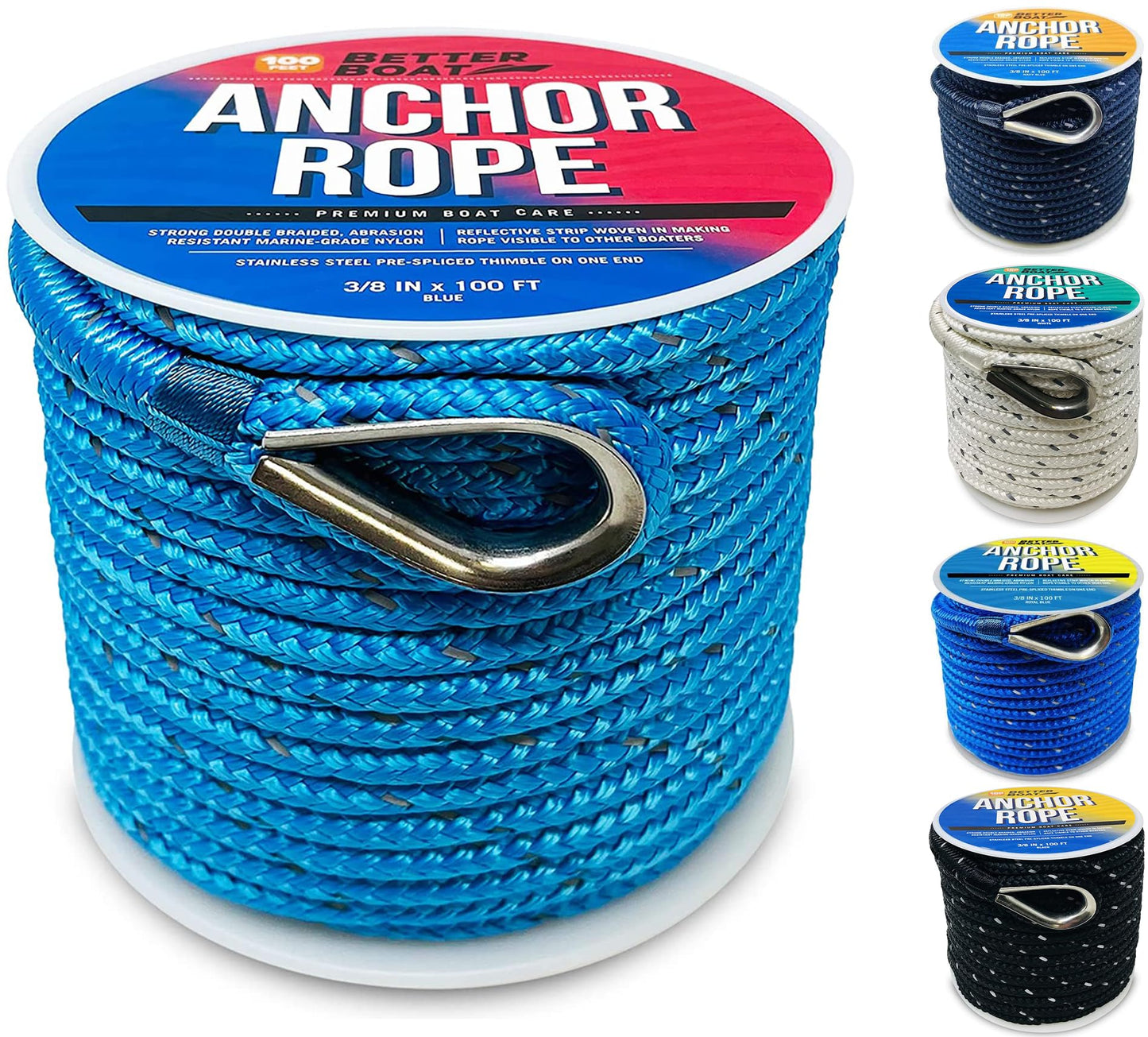 Better Boat Premium Anchor Rope, 100 Ft Double Braided White Nylon Marine Line, Reflective 3/8 Inch Reel for Anchors and Boats - Blue