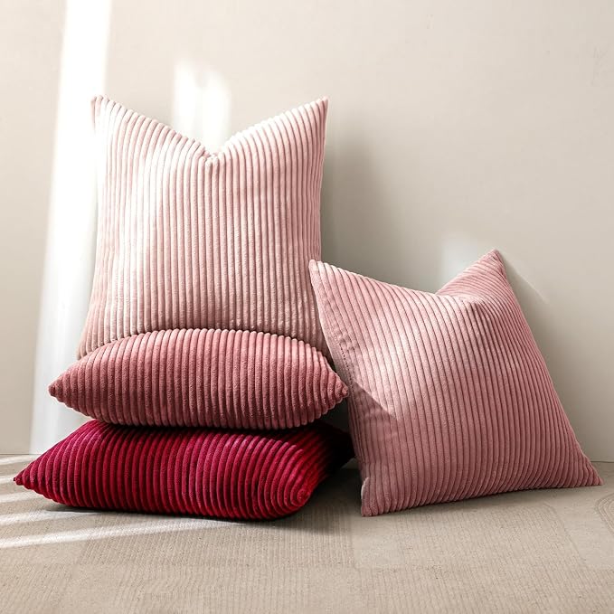 MIULEE Boho Farmhouse Throw Pillow Covers 20x20 Inch Set of 4 Romantic Decorative Cushion Covers Spring Corduroy Home Decor for Feminine Valentines Couch Bed Sofa Living Room Aesthetic Pink