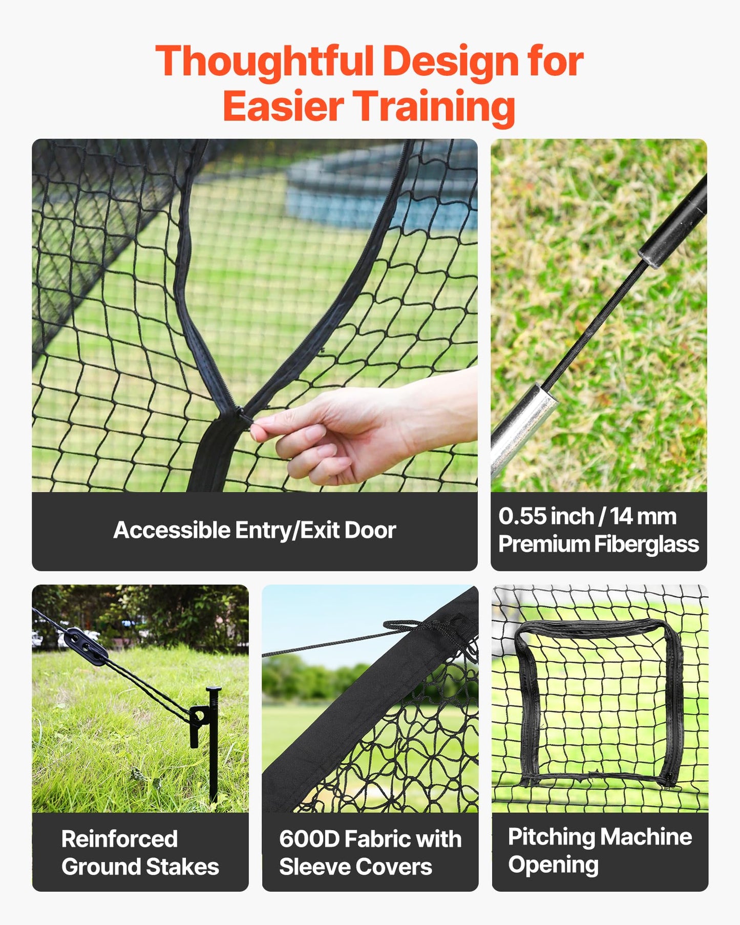 VEVOR Baseball Batting Cage, 40.0 x 12.1 x 10.0 FT Fiberglass Portable Batting Cage, Hitting Cages with 4-Ply Knotless Polyester & Pitching Machine Opening, Battings Cages Netting for Indoor Outdoor