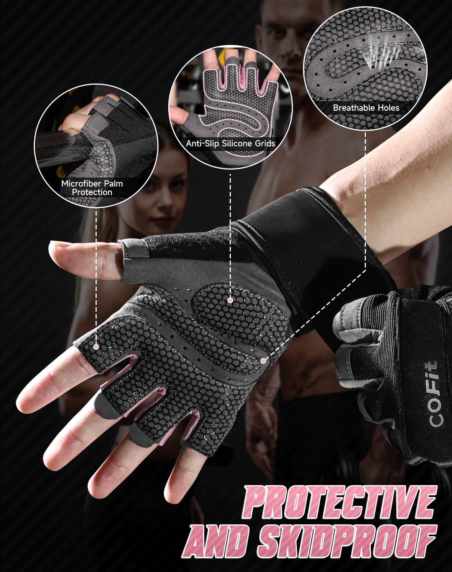 COFIT Breathable Workout Gloves, Antislip Weight Lifting Gym Gloves for Men Women with Wrist Wrap Support, Superior Grip & Palm Protection for Weightlifting, Fitness, Exercise, Training - Pink M