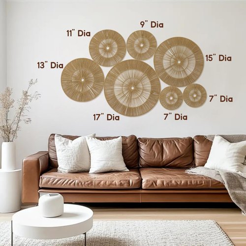 Mokof 7 Pack Boho Wall Decor Round Baskets Set (17", 15", 13", 11", 9", 7", 7") - Handwoven Large Wall Hanging Art for Bedroom, Living Room, Home Office