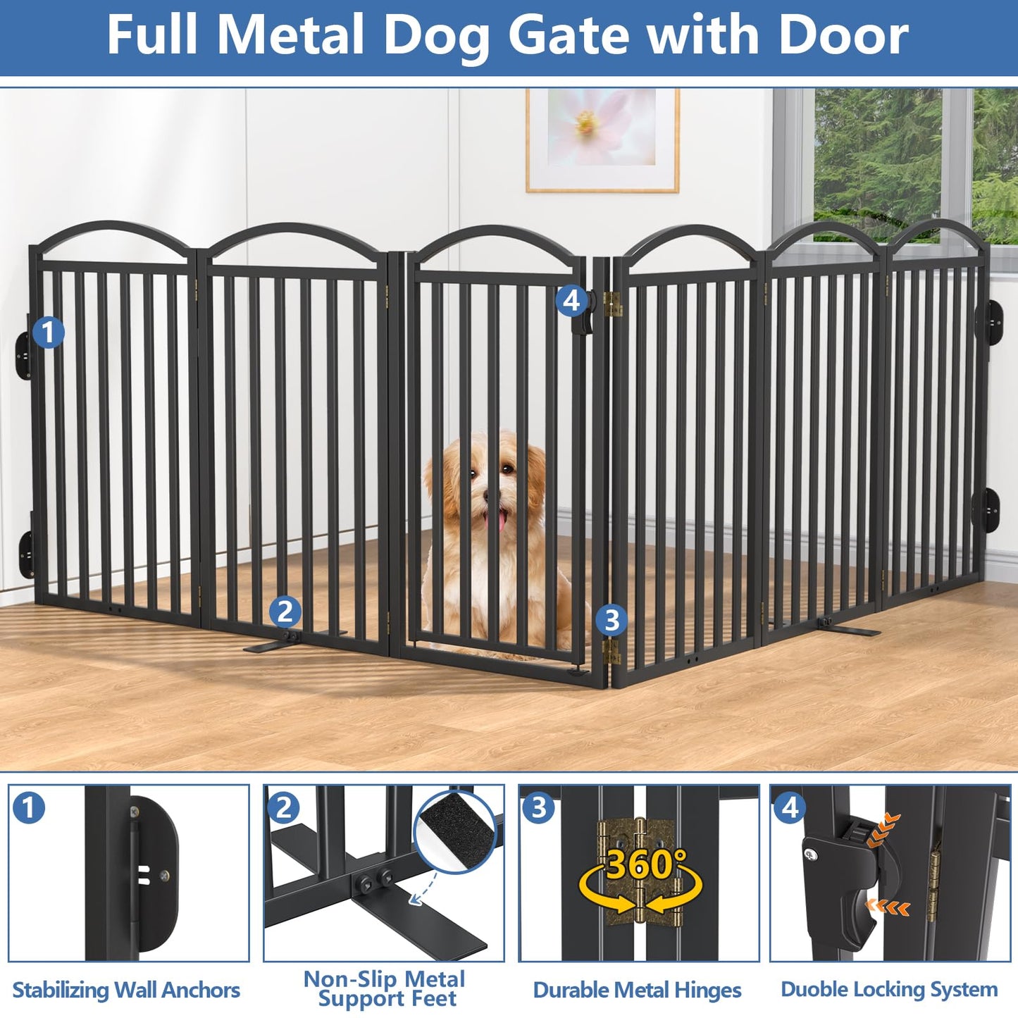 Malier Metal Freestanding Dog Gates with Door, 36'' Height Outdoor Indoor Dog Fences, Extra Wide Foldable Puppy Gate for Stairs (Black, 【6 Panels with Door】 120''W × 36''H)