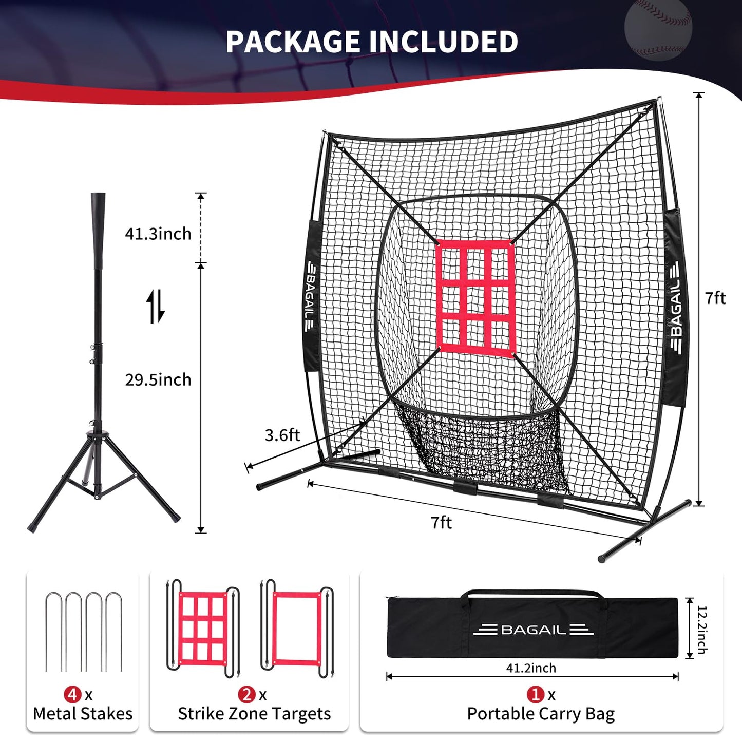 BAGAIL 7x7 ft Extra Large Baseball & Softball Training Net with Batting Tee, Heavy Duty Reinforced Steel Frame, Oversized Hitting Zone for All Levels, Portable Backstop with Carry Bag