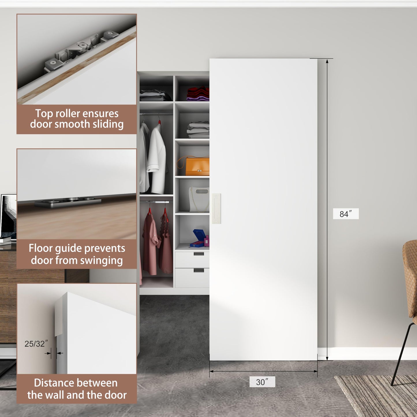 JUBEST 30"x84" Flush Solid Core White Primed Concealed Sliding Hidden Barn Door with Soft Close Installation Hardware and Double Sided Pulls Included