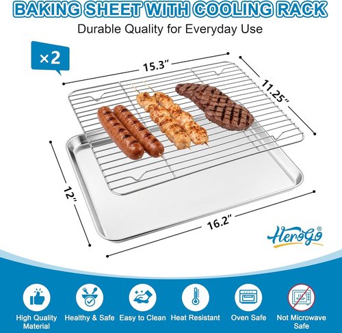 Herogo Stainless Steel Baking Sheet Set - 2 Pans & 2 Racks, 16" x 12" | Non-Toxic, Heavy Duty & Easy Clean