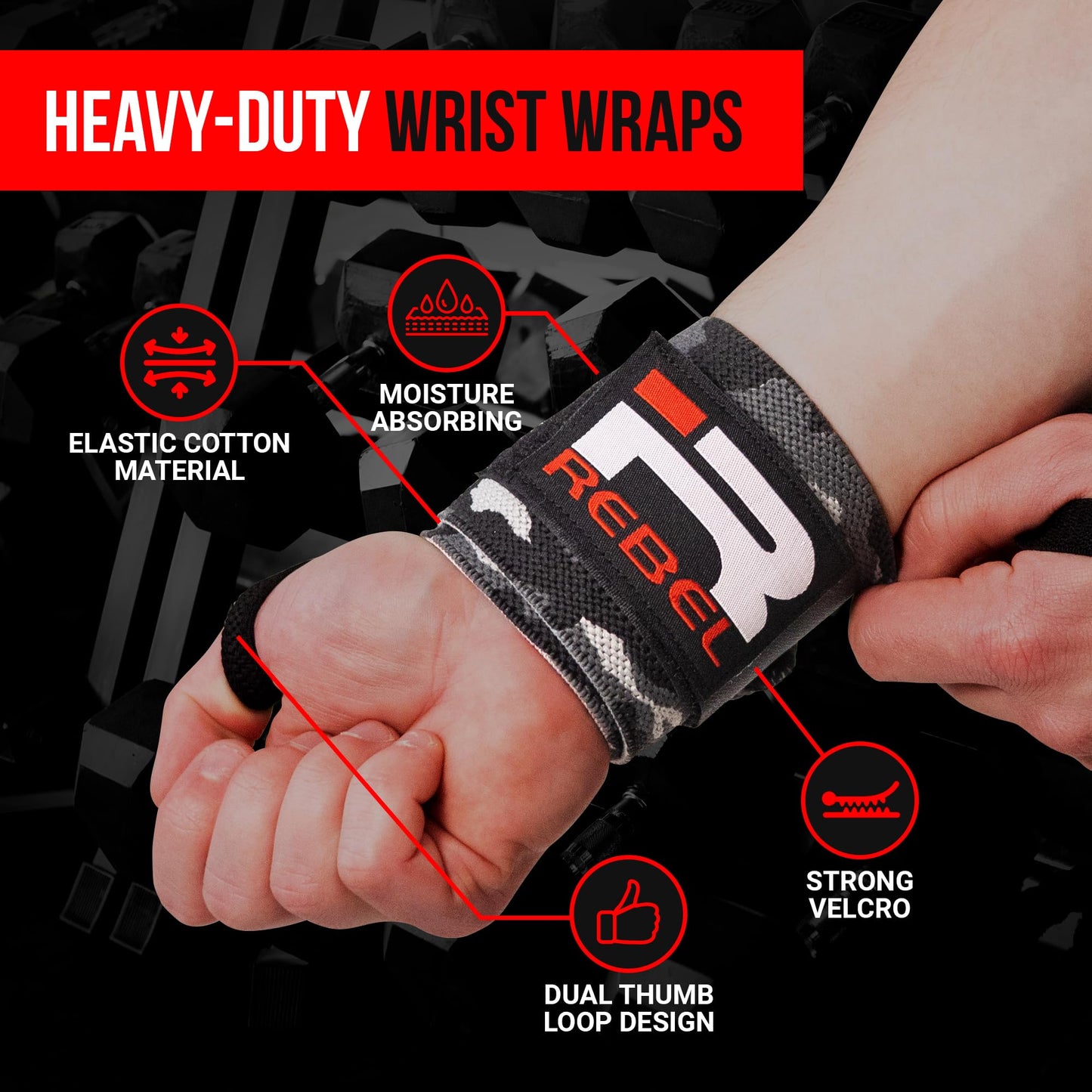 Iron Rebel Wrist Wraps - Flexible wrist support for weightlifting Straps for Men & Women - Comfortable & Durable Wrist Wraps for Everyday Lifting (Pair)