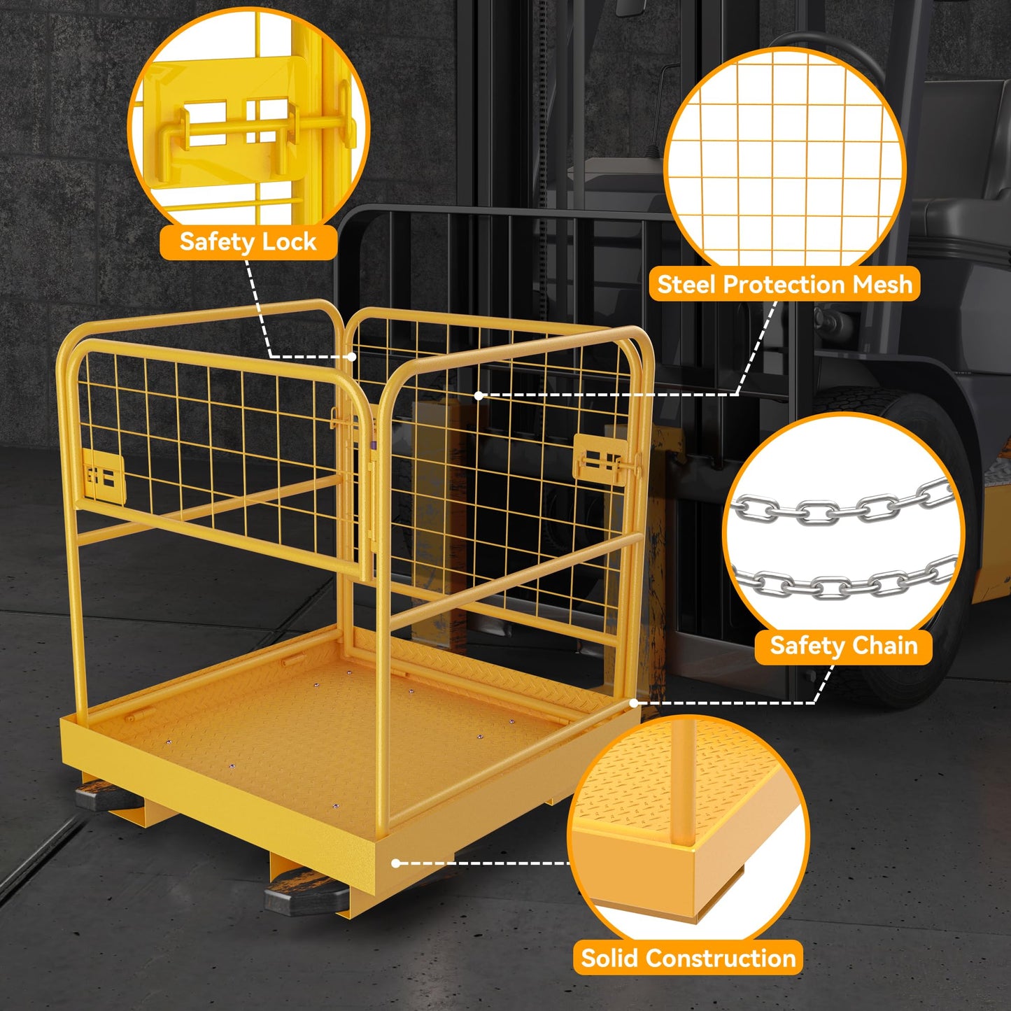YINTATECH Forklift Safety Cage 36"x36",Forklift Work Platform 1150LBS Capacity,Heavy Duty Steel Forklift Basket Man Platform with 3 Chain,for Aerial Work
