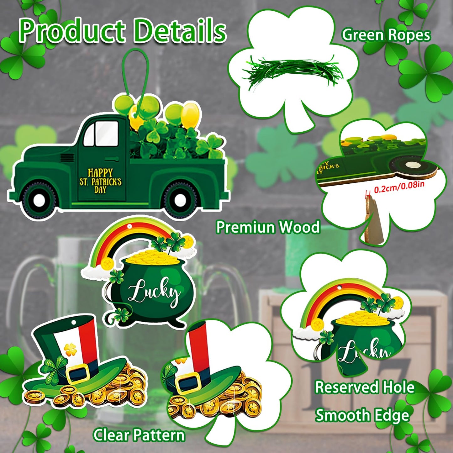 St. Patricks Day Decorations 36pcs Wooden Shamrock Ornaments, Spring Lucky Irish Day Tree Ornaments St Patrick's Day Home Party Hanging Decorations