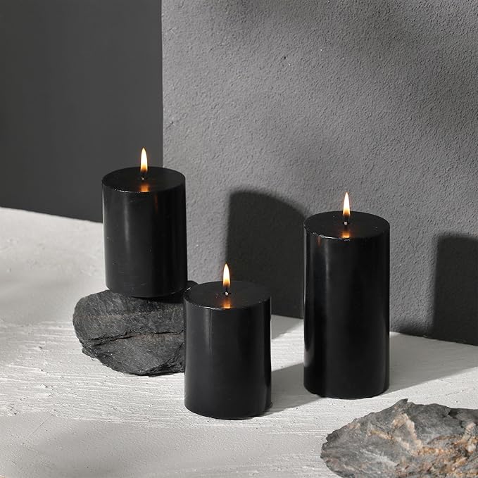 3x4 Inch Black Pillar Candles Set of 3 - Decorative Unscented Pillar Candles, Long Burning Dripless Candle for Home Decor, Smokeless Large Pillar Candle for Wedding, Dinner, Christmas, Halloween Decor