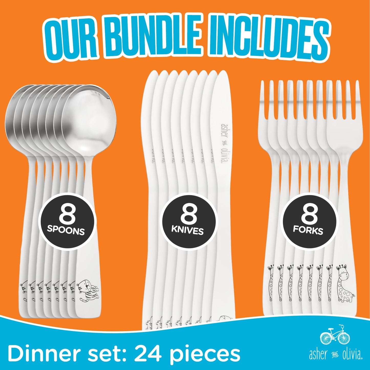 Kids and Toddler Utensils Silverware Set – 24-Piece Toddler Silverware Includes 8 Forks 8 Spoons and 8 Kid-Friendly Knives - kids Metal silverware Flatware Cutlery Set for Preschooler Baby Child