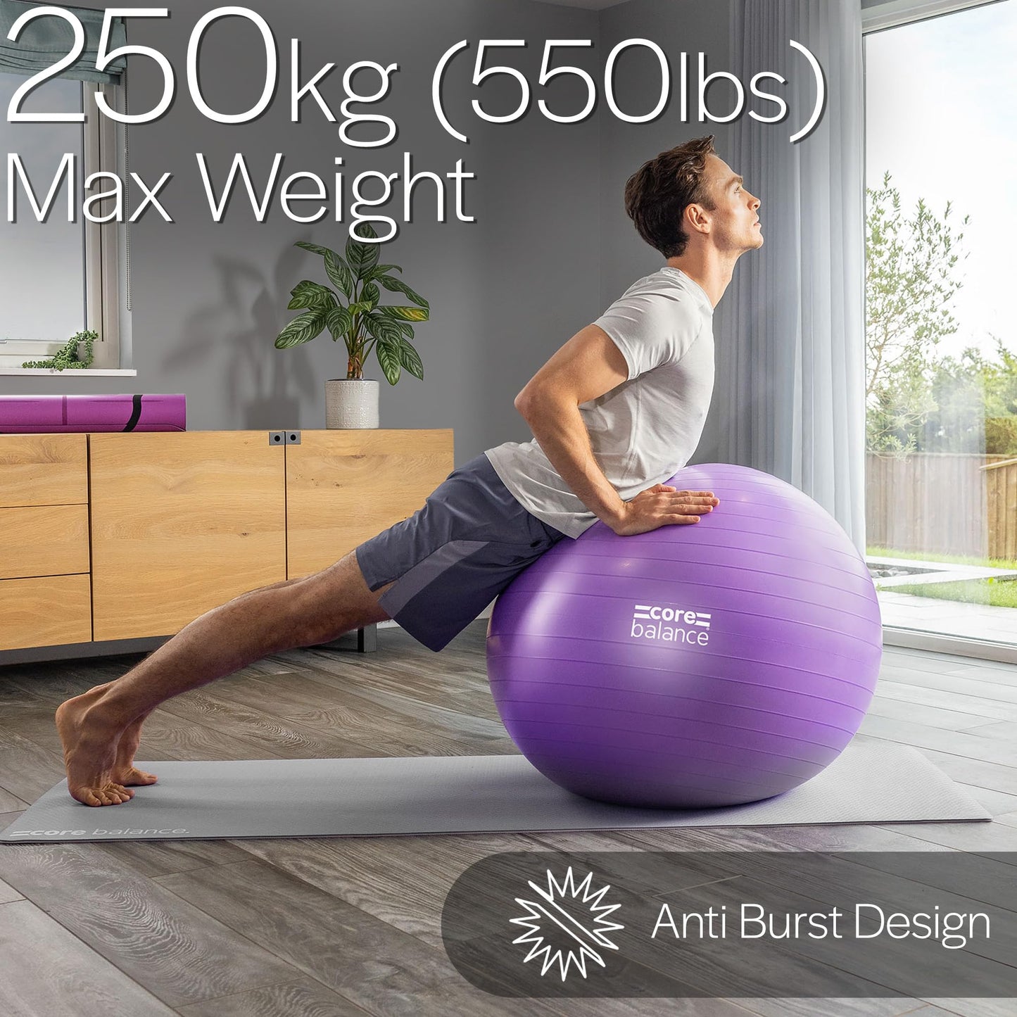 Core Balance Exercise Ball for Workouts, Anti-Burst and Slip Resistant, Swiss Yoga Ball for Pregnancy, Stability, Fitness and Physical Therapy, 4 Sizes, with Pump (33" / 85cm Purple)