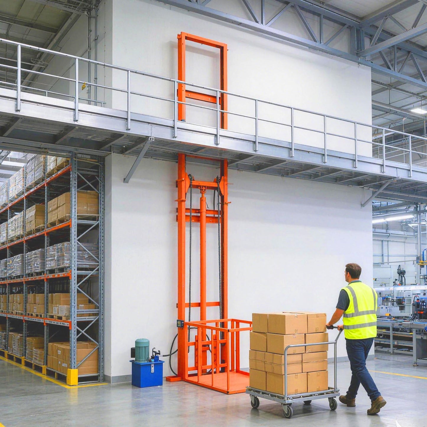 Hydraulic Freight Elevator System, 2200lbs 1-Ton Electric Cargo Lift Platform, Wall-Mounted Rail Guide VRC Mezzanine Hoist with 2500W Pump for Warehouse, Factory, Home Garage (26.2FT Lifting Height)