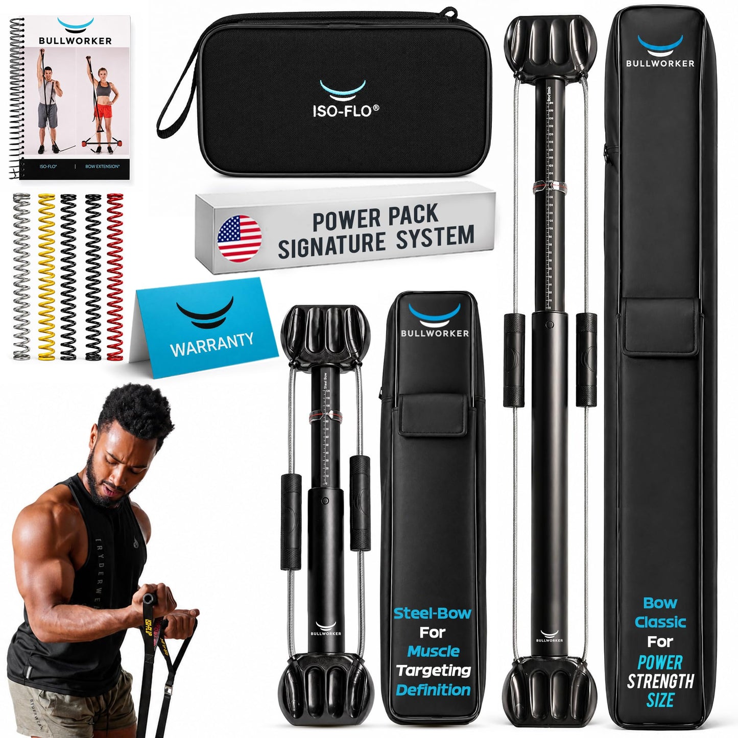 Bullworker Power Pack Isometric Exercise Equipment - Bow Classic 36", Steel Bow 20" & ISO-FLO Suspension Training Straps, Home Gym for Men & Women, Calisthenics, Pilates & Full Body Strength Training