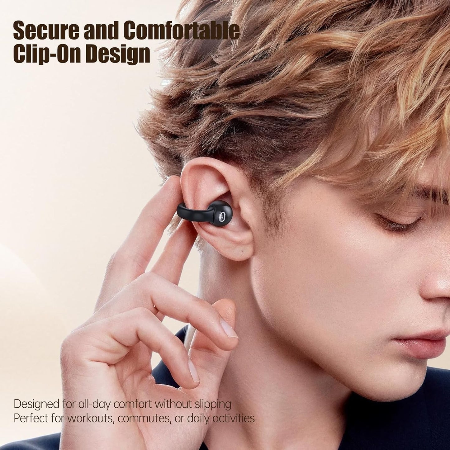 Fhumsh 5.4 40H Commuting Open Ear Headphones, Bluetooth Clip On Headphones, Playtime Wireless Stereo Earbuds with LED