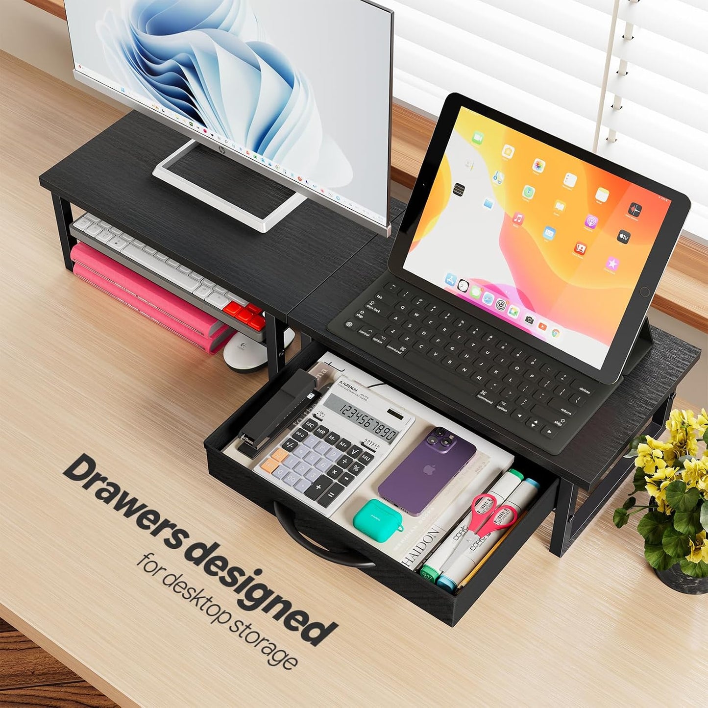 2-Tier Ekisemio Monitor Stand with Fabric Drawer Wood and Metal Computer Riser, Desk Organizer for Office, Black