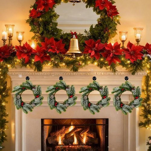 Jansun Christmas Candle Rings - 4 Pcs Red Berries & Pine Needles Mini Wreaths for Holiday Decor
