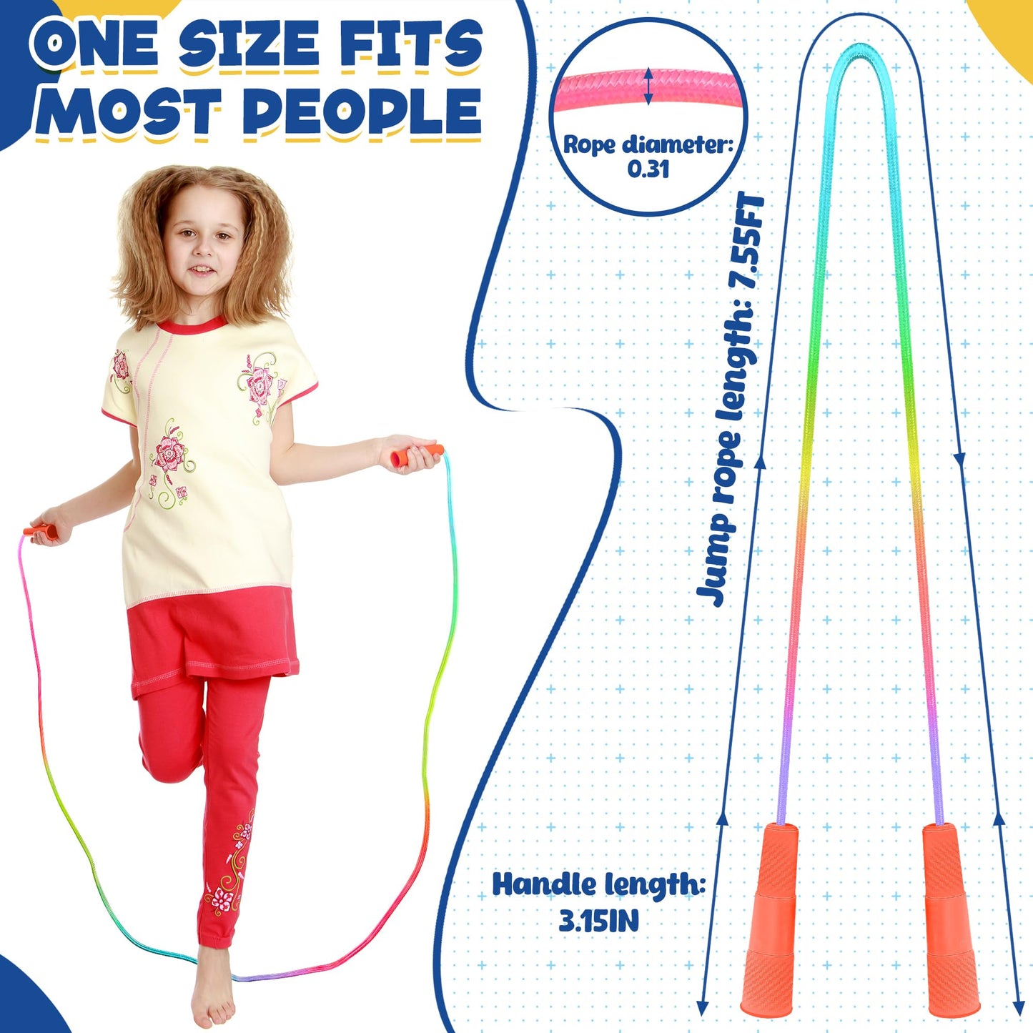 ZATAYE 6 Pack Kids Jump Rope, Colorful Gradient Nylon Skipping Ropes for Children, 7.55FT Adjustable Length, Plastic Handles, Lightweight Jumping Ropes for Schools, Events, and Family Fun