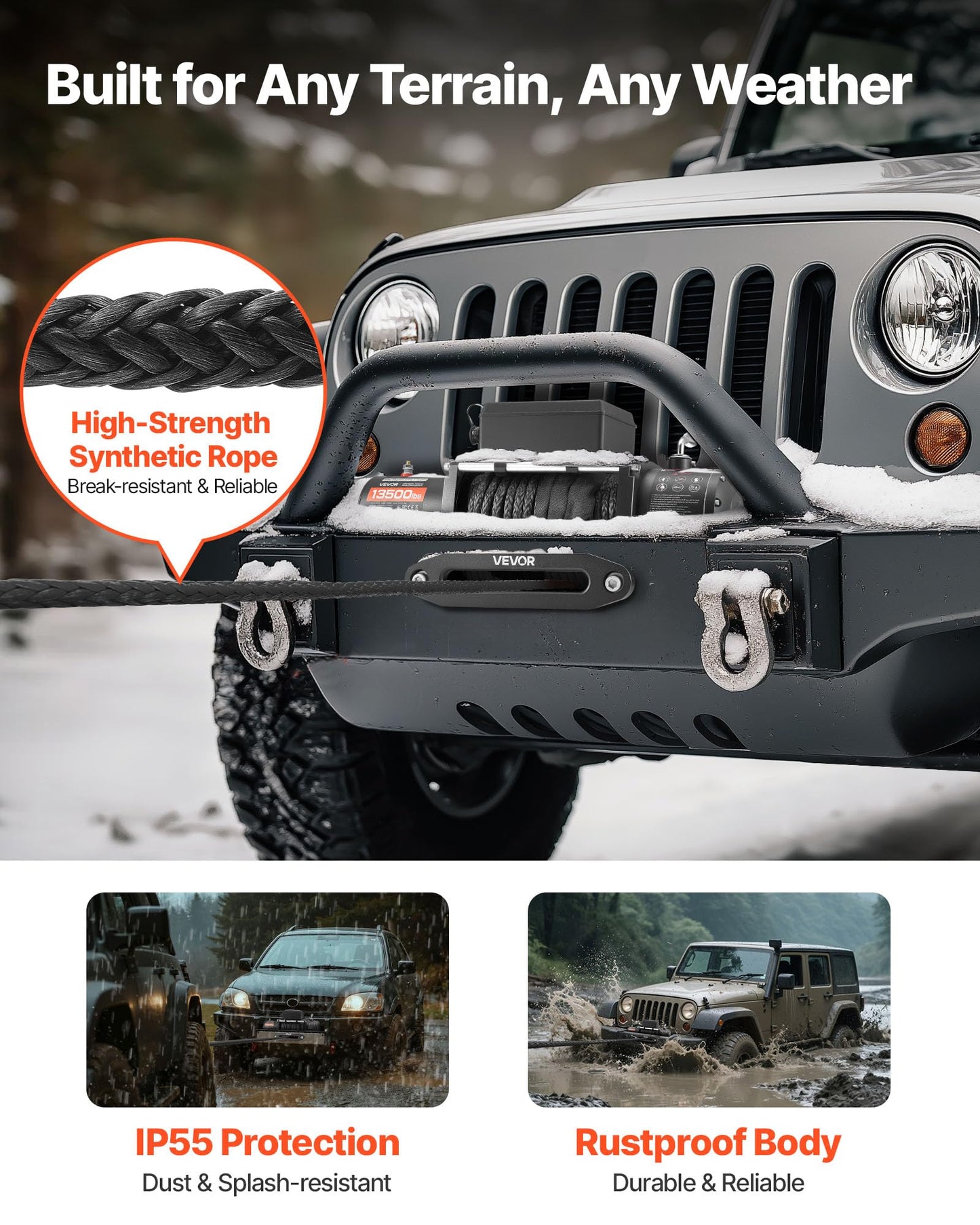 VEVOR Electric Winch, 13500 lbs Load Capacity, 12V DC Truck Winch with Φ3/8 in x 85 ft Synthetic Rope, Wireless & Wired Remote Control, IP55 Waterproof for Towing Off-Road SUV Jeep Trailer Boat